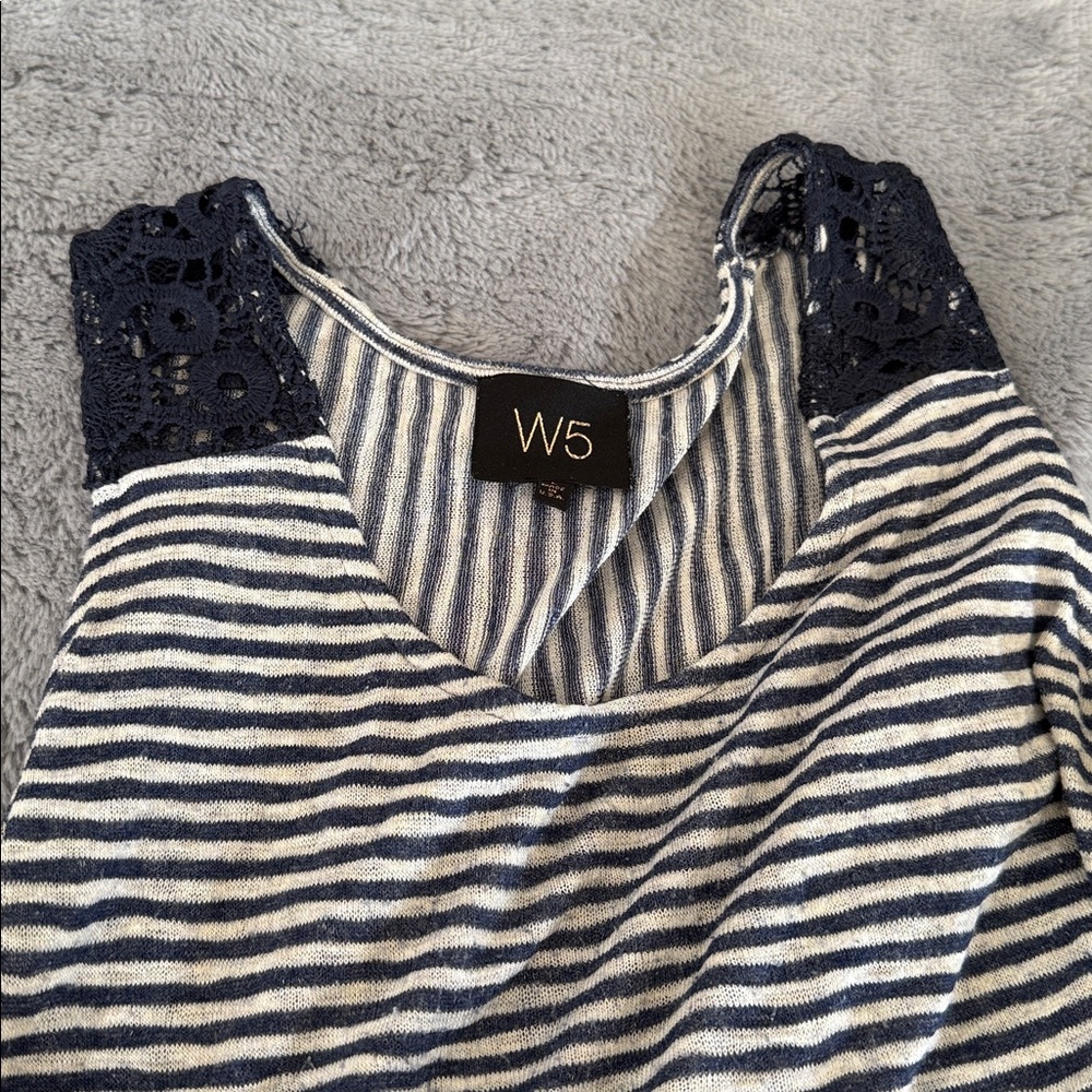 W5 Navy and White Striped Tank with Lace Shoulder Detail